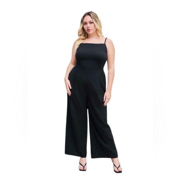 Cider Pants - CIDER Black Wide Leg Crop Jumpsuit 0XL 12/14 Smocked Back Pockets